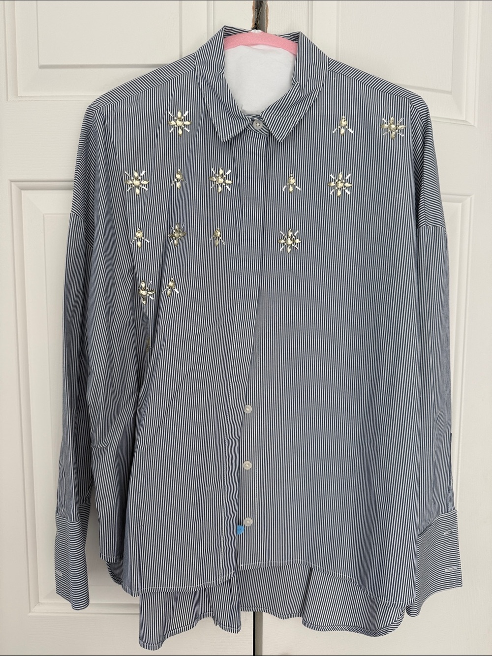 Embellished Navy Cotton Stripe Button-Up Shirt